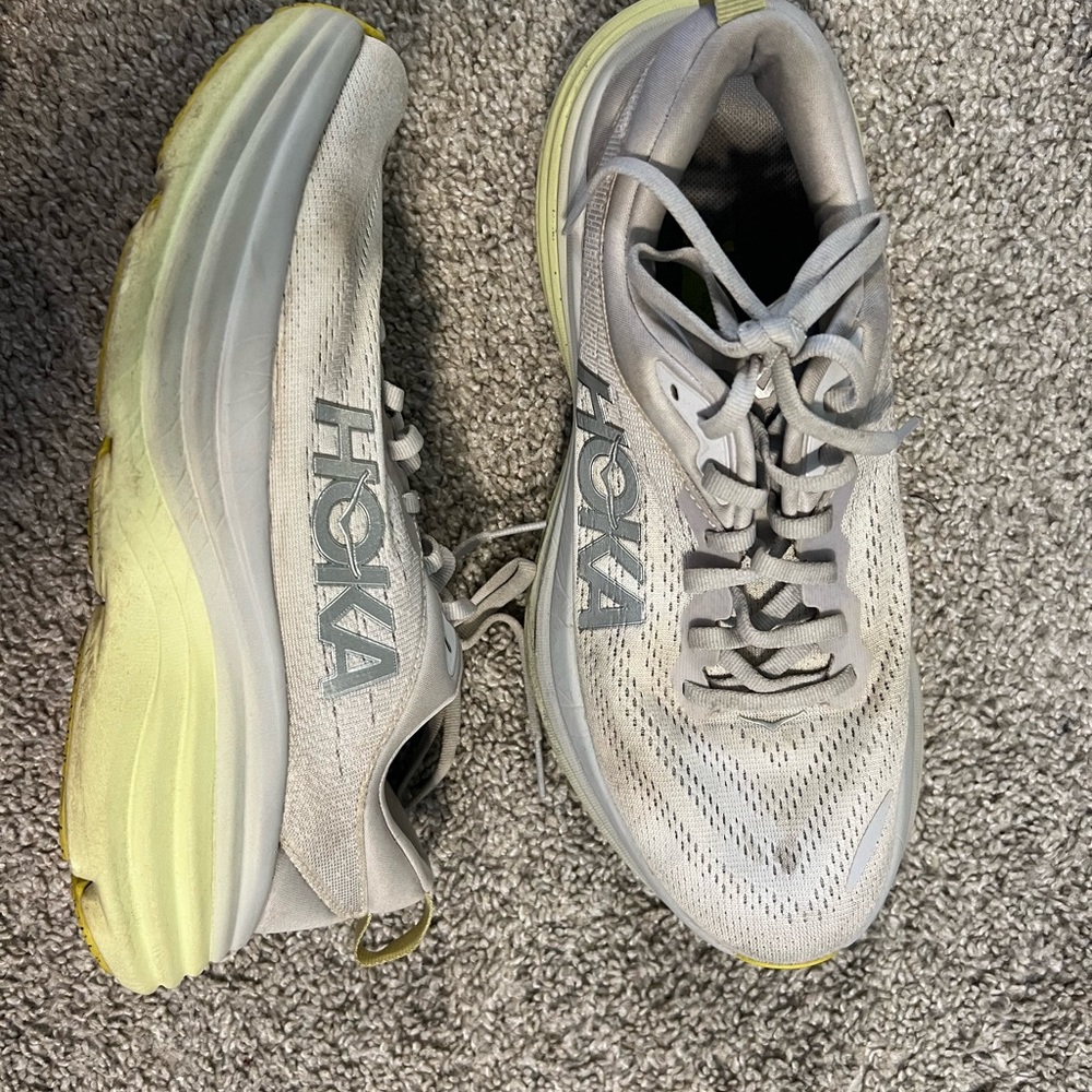 Hoka Silver and Yellow Athletic Shoes